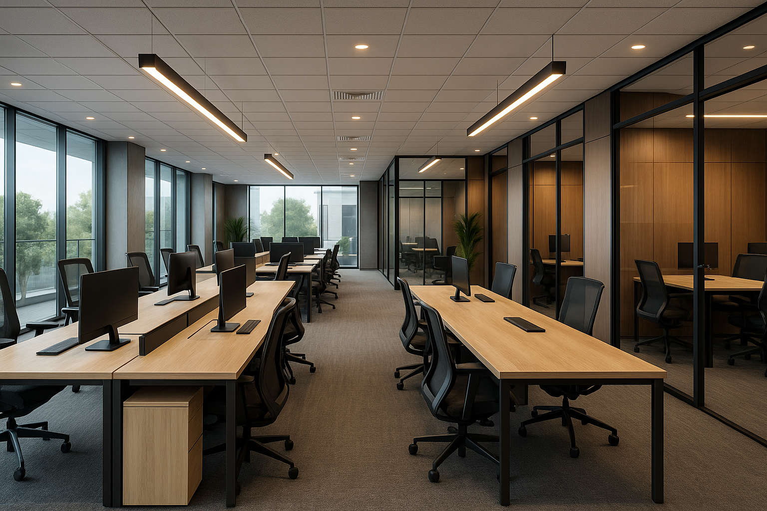 Modern office workspace designed by expert Office Interior Designers in Bangalore with premium layout and lighting