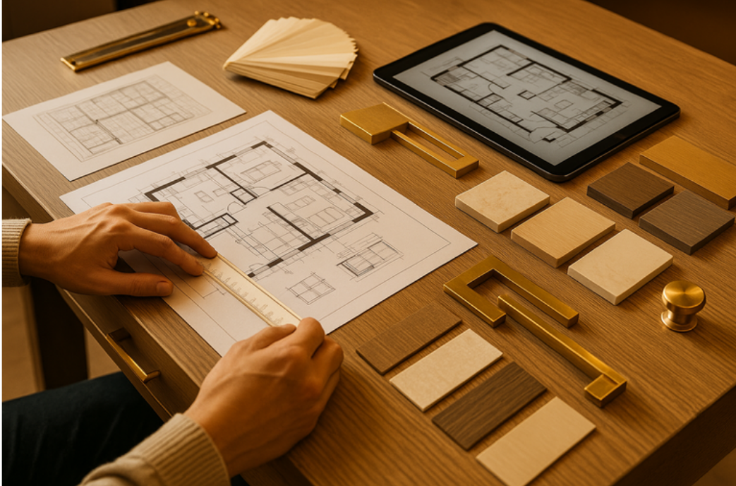 Interior designers reviewing mood boards, material samples, and color palettes during a design consultation at Home Designz.